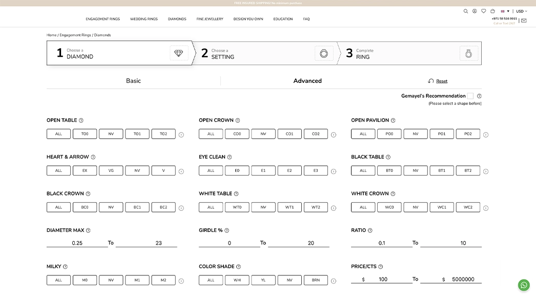 filters for a B2B diamond trading platform