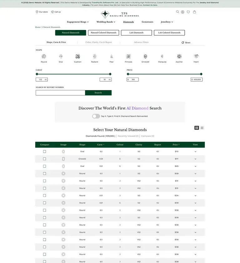 Shopify Integrated with Rapnet IDEX Diamond data