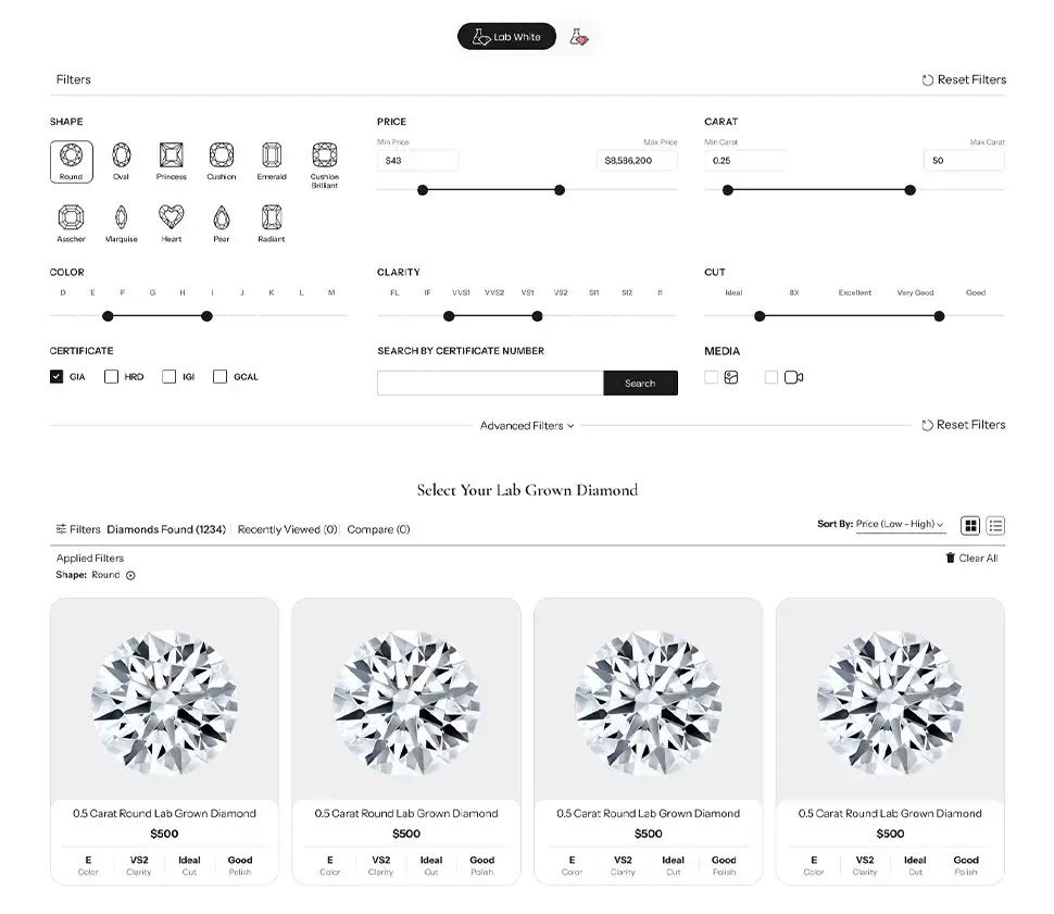 Diamond search filters for shape, carat, color and clarity