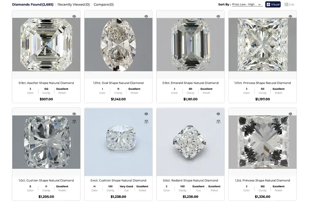 Diamond search results page built for a U.S. jewelry retailer