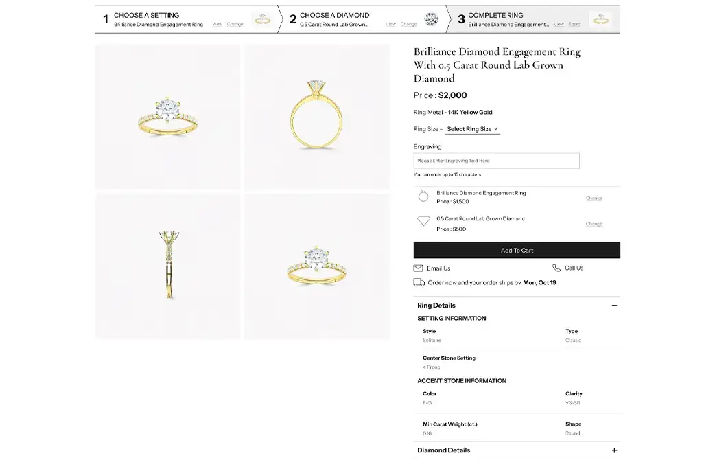 Ring builder showing setting choice and matched center stone